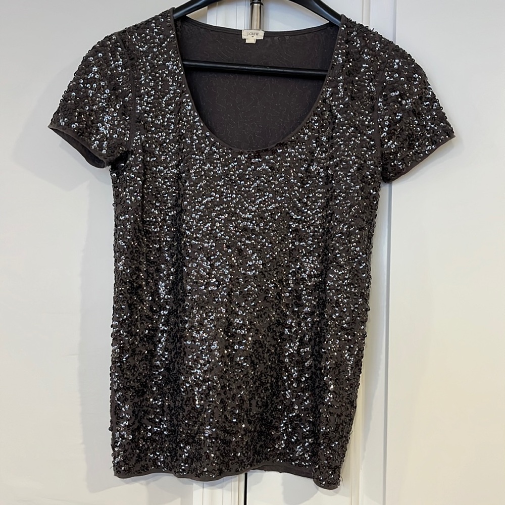 J. Crew Sequinned Scoop Neck Short Sleeve Evening Top in Charcoal Gray (XXS)
